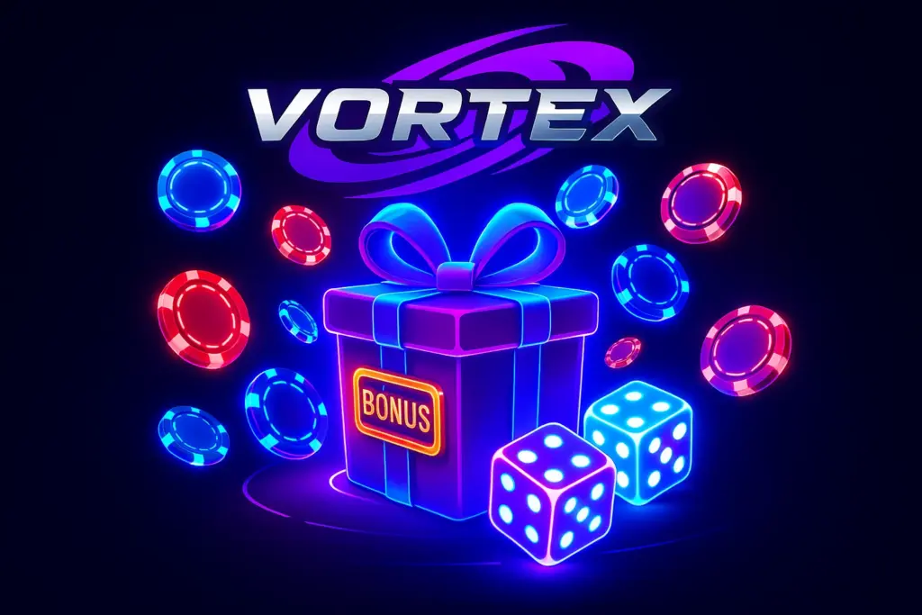 A dazzling casino-themed illustration with a glowing gift box labeled "BONUS" in the center, surrounded by neon casino chips in blue and red, and two dice. The word "VORTEX" is displayed at the top with a purple swoosh design